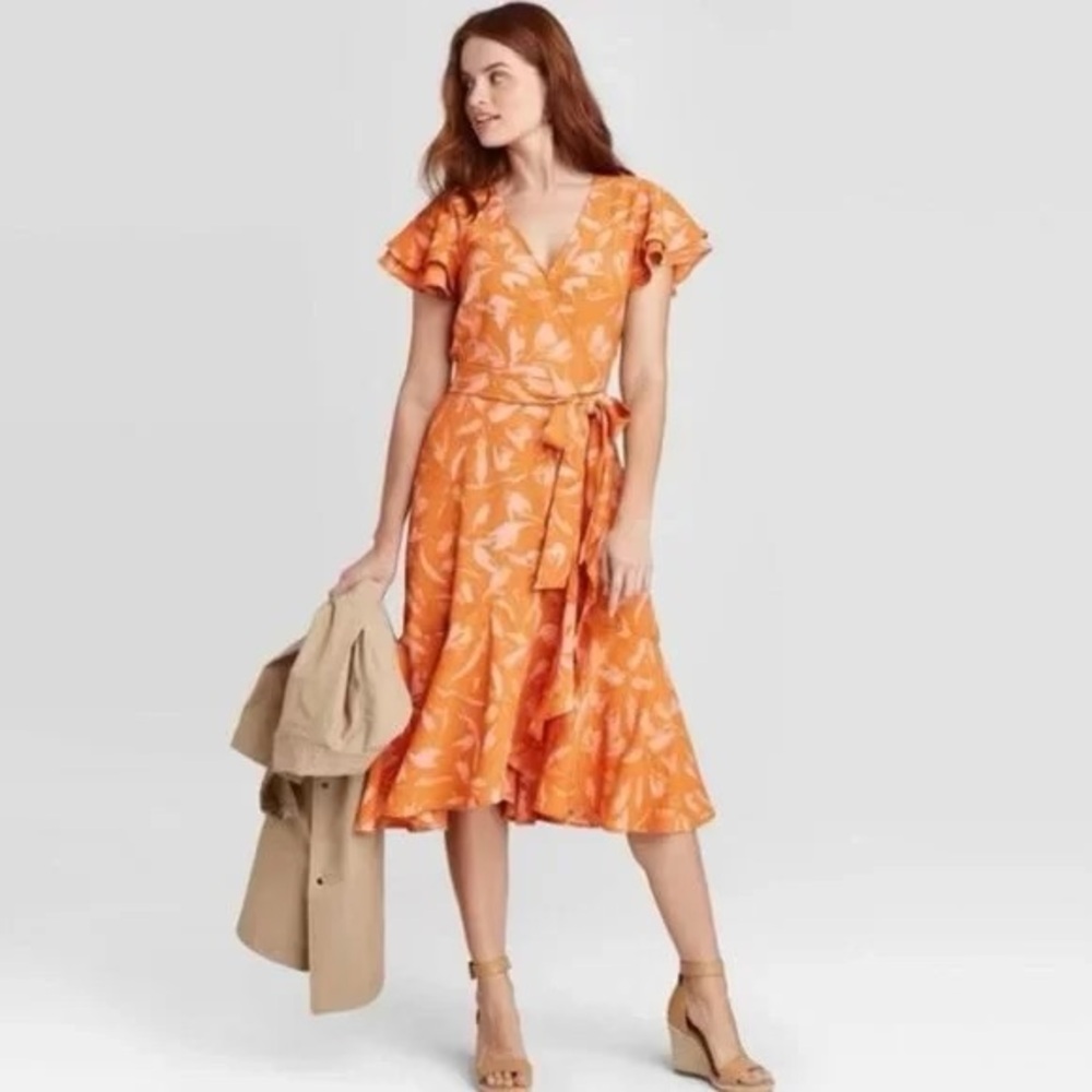 A New Day Orange Floral Print Flutter Sleeve Wrap Dress